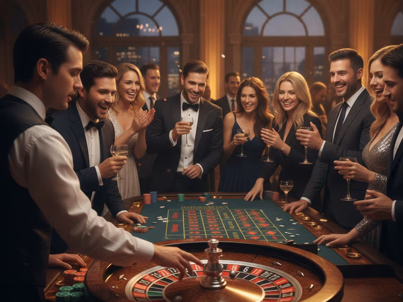 Guests playing roulette with a croupier at a casino event