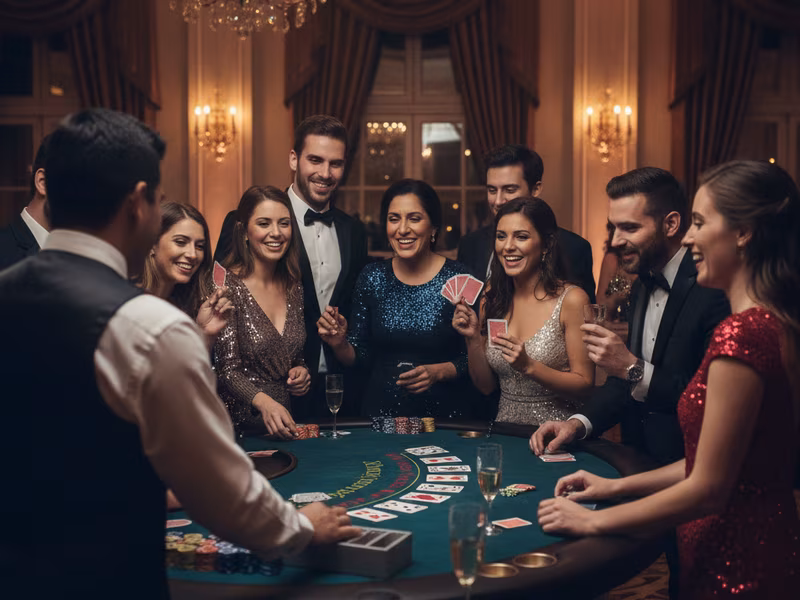 Croupier dealing blackjack cards to smiling guests