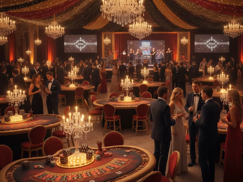 Decorated casino event hall with multiple gaming tables