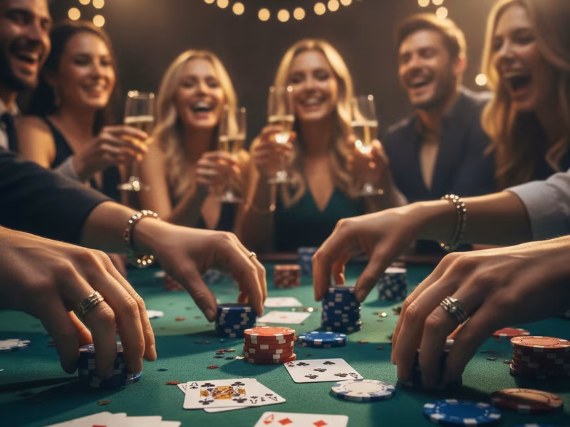 Guests placing chips on a poker table