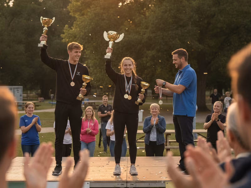Local athletes receiving trophies on stage at a Zeus Athletics finals day