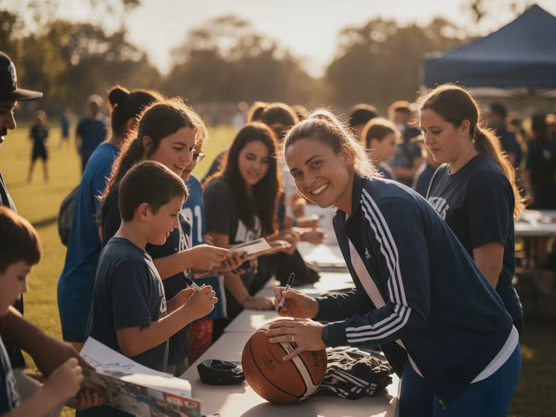 An invited local athlete meeting fans and signing autographs